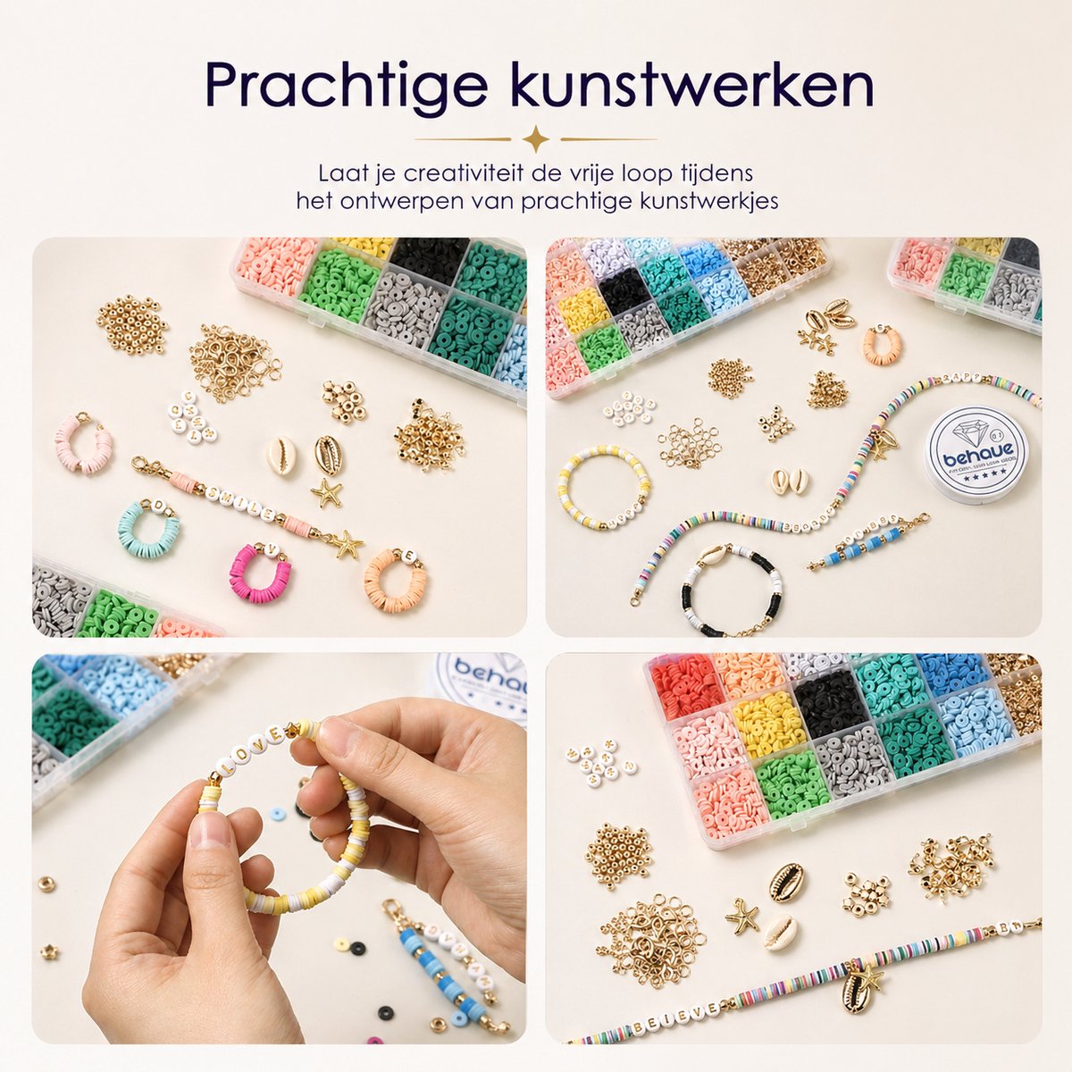 Behave Premium Katsuki Kralen Set - Knutselen Meisjes - Polymeer kralen - Kralenset - Platte kralen - Goudkleurig - Bedels - 28 Vakjes - 19 Kleuren - 6mm - Veel accessoires — afbeelding 8