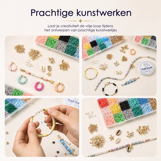 Behave Premium Katsuki Kralen Set - Knutselen Meisjes - Polymeer kralen - Kralenset - Platte kralen - Goudkleurig - Bedels - 28 Vakjes - 19 Kleuren - 6mm - Veel accessoires