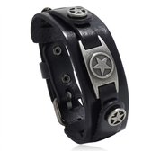 Heren armband – zwart PU leren band met zilverkleurige sterren – verstelbaar – brede polsband