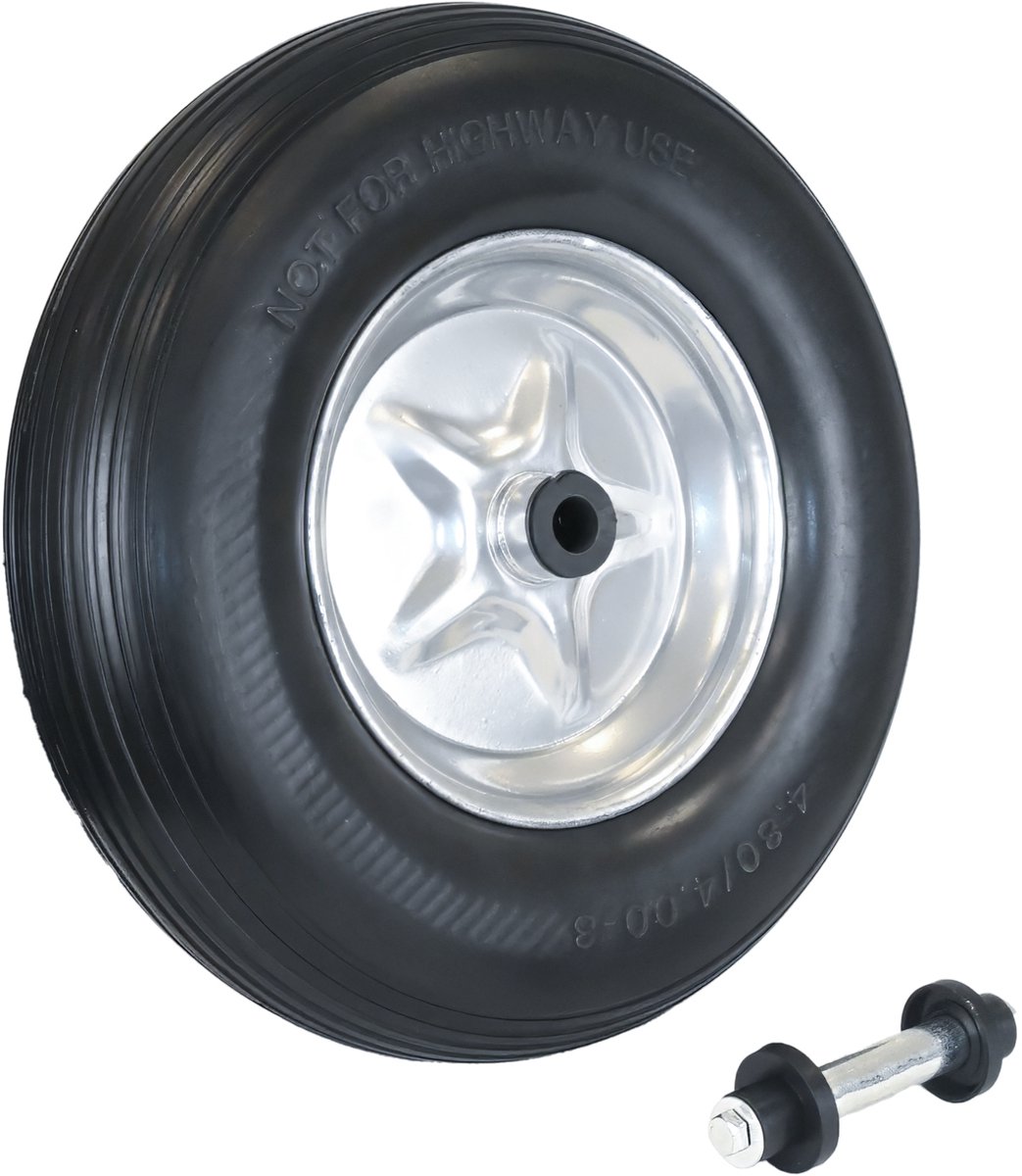 Schubkarrenrad Vollgummi Pannensicher 4.80/4.00-8 mit Achse PU Stahlfelge schwarz 200kg Tragkraft