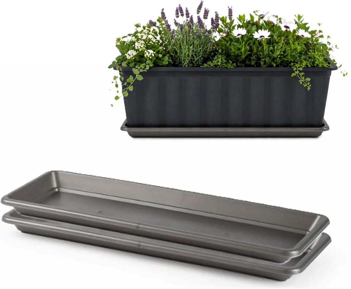 Plasticforte Plantenbak water onder opvangschaal - 2x - antraciet - rechthoek - 48 x 18 cm - Bloembakken