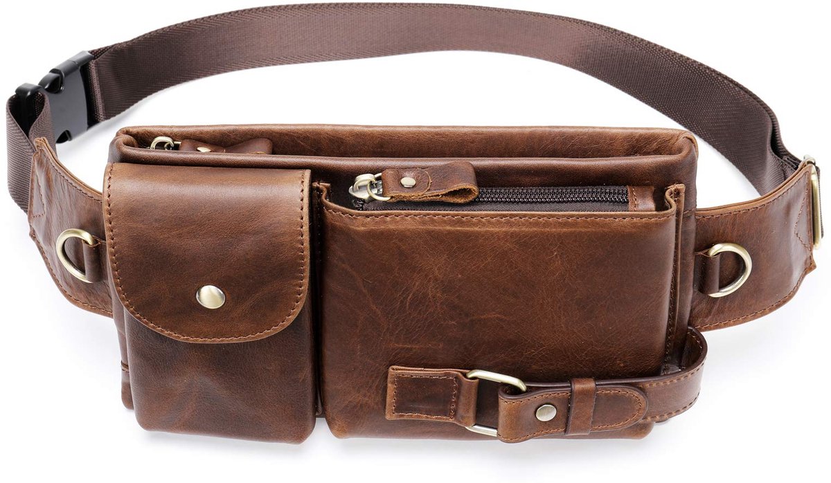 carmdering - Lendetas - Heuptas - Buiktas - Echt leer, 4 vakken, metalen rits - Verstelbare riem 91-137 cm - Koffiebruin - Perfect voor hardlopen, reizen en dagelijks gebruik - Handenvrij