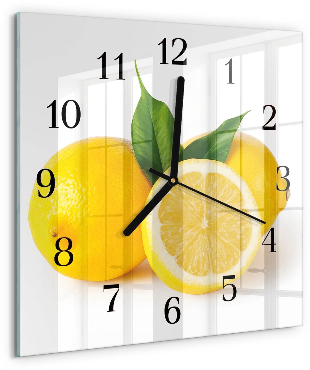 TULUP Wandklok - Citroenen Moderne Wandklok Glas - 30x30 cm - Geel Wandklok Glas Decoratie - Zwarte Handen - Vierkante Wandklok - Decoratieve Glazen Klok - Glazen Wandklok Design Geel - Citroenen