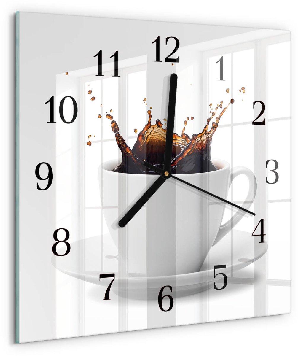 TULUP Wandklok - Koffie Decoratieve Glazen Klok - 30x30 cm - Wit Glazen Wandklok Design - Zwarte Handen - Vierkante Wandklok - Decoratieve Glazen Klok - Glazen Wandklok Design Wit - Koffie