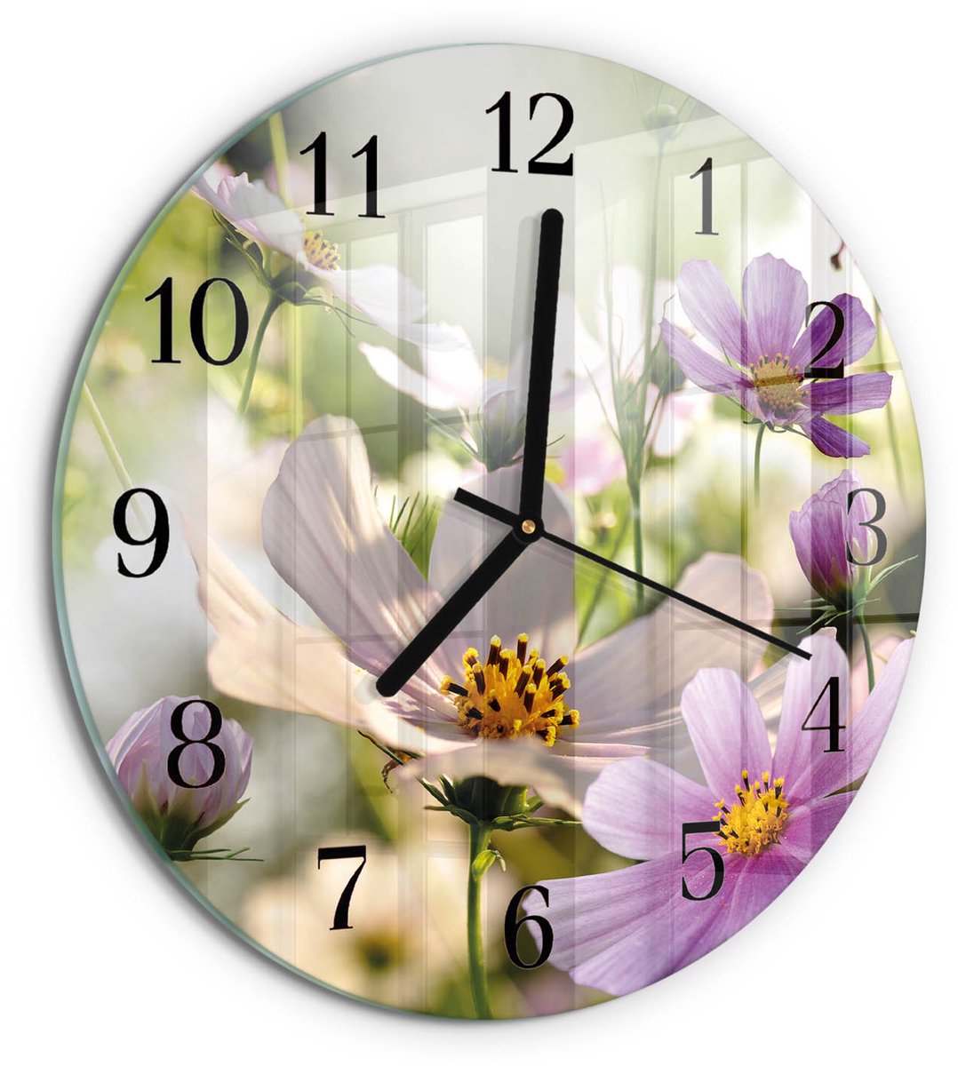TULUP Wandklok - Cosmosbloemen Gekleurde Glazen Klok - 30fi cm - Roze Glazen Klok Met Print - Zwarte Handen - Ronde Wandklok - Gekleurde Glazen Klok - Glazen Klok Met Print Roze - Cosmosbloemen