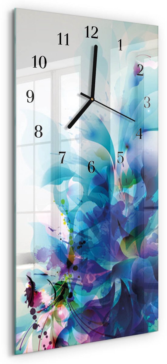 TULUP Wandklok - Abstractie Glazen Klok Met Print - 30x60 cm - Blauw Moderne Glazen Wandklok - Zwarte Handen - Rechthoekige Wandklok - Glazen Wandklok Design - Klok Glas Met Opdruk Blauw - Abstractie