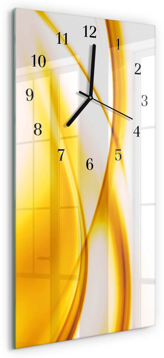 TULUP Wandklok - Abstracte kunst Wandklok Glas Met Motief - 30x60 cm - Oranje Decoratieve Glazen Klok - Zwarte Handen - Rechthoekige Wandklok - Gekleurde Glazen Klok - Glazen Klok Met Print Oranje - Abstracte kunst
