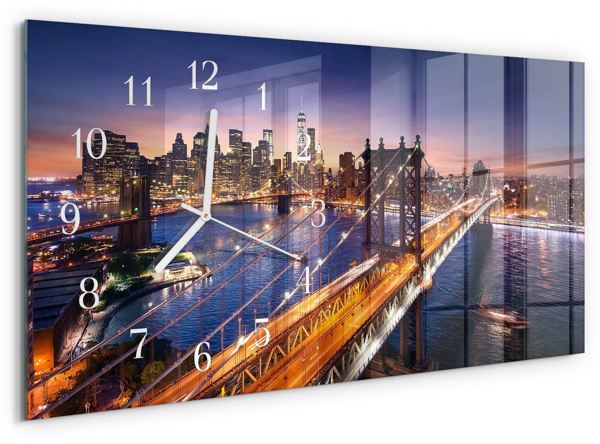 TULUP Wandklok - New York Wandklok Glas Met Motief - 60x30 cm - Paars Decoratieve Glazen Klok - Witte Handen - Rechthoekige Wandklok - Wandklok Glas Decoratie - Gekleurde Glazen Klok Paars - New York