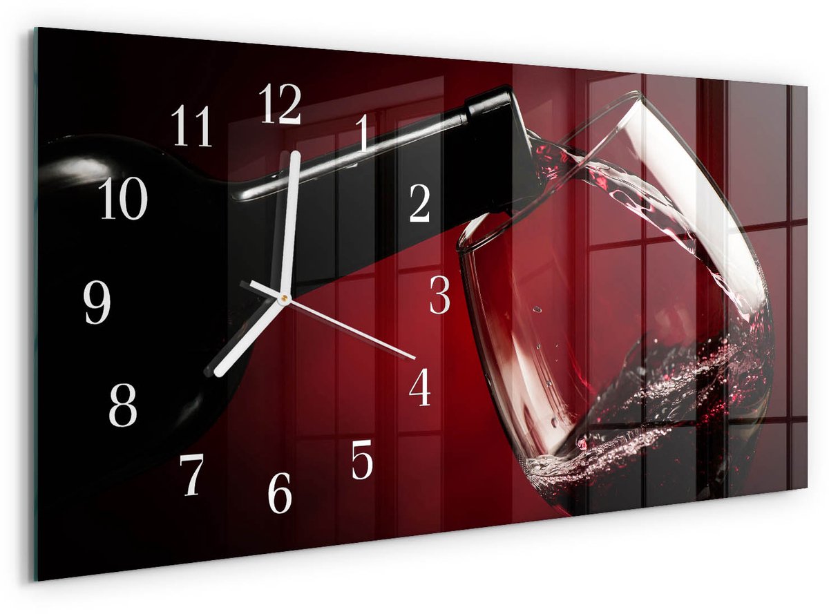 TULUP Wandklok - Wijnglas Decoratieve Glazen Klok - 60x30 cm - Rood Glazen Wandklok Design - Witte Handen - Rechthoekige Wandklok - Moderne Wandklok Glas - Wandklok Glas Decoratie Rood - Wijnglas
