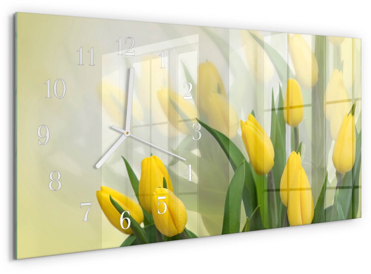 TULUP Wandklok - Tulpen Wandklok Glas Decoratie - 60x30 cm - Geel Gekleurde Glazen Klok - Witte Handen - Rechthoekige Wandklok - Moderne Wandklok Glas - Wandklok Glas Decoratie
