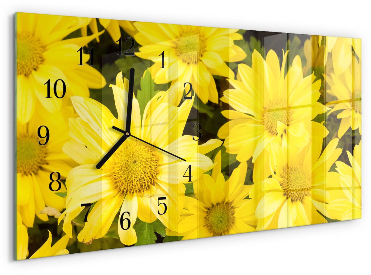 TULUP Wandklok - Gele bloemen Glazen Klok Met Print - 60x30 cm - Geel Moderne Glazen Wandklok - Zwarte Handen - Rechthoekige Wandklok - Glazen Wandklok Design - Klok Glas Met Opdruk Geel - Gele bloemen