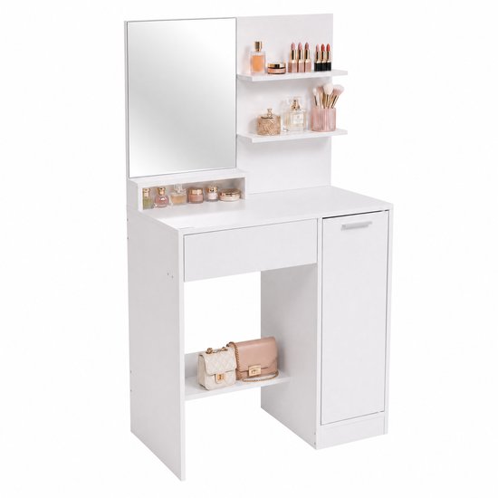 Monza Home® Make Up Tafel – Kaptafel met Spiegel – 1 Lade – Kast – 2 Planken – Wit