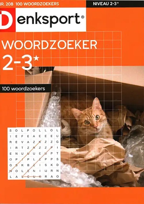 Oranje omslag van Denksport Woordzoeker met een kat in een doos. "WOORDZOEKER 2-3* 100 woordzoekers".