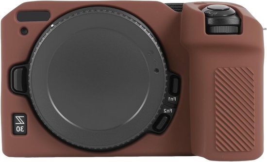 Housse en silicone marron pour Nikon Z30, avec découpes pour boutons et objectif.