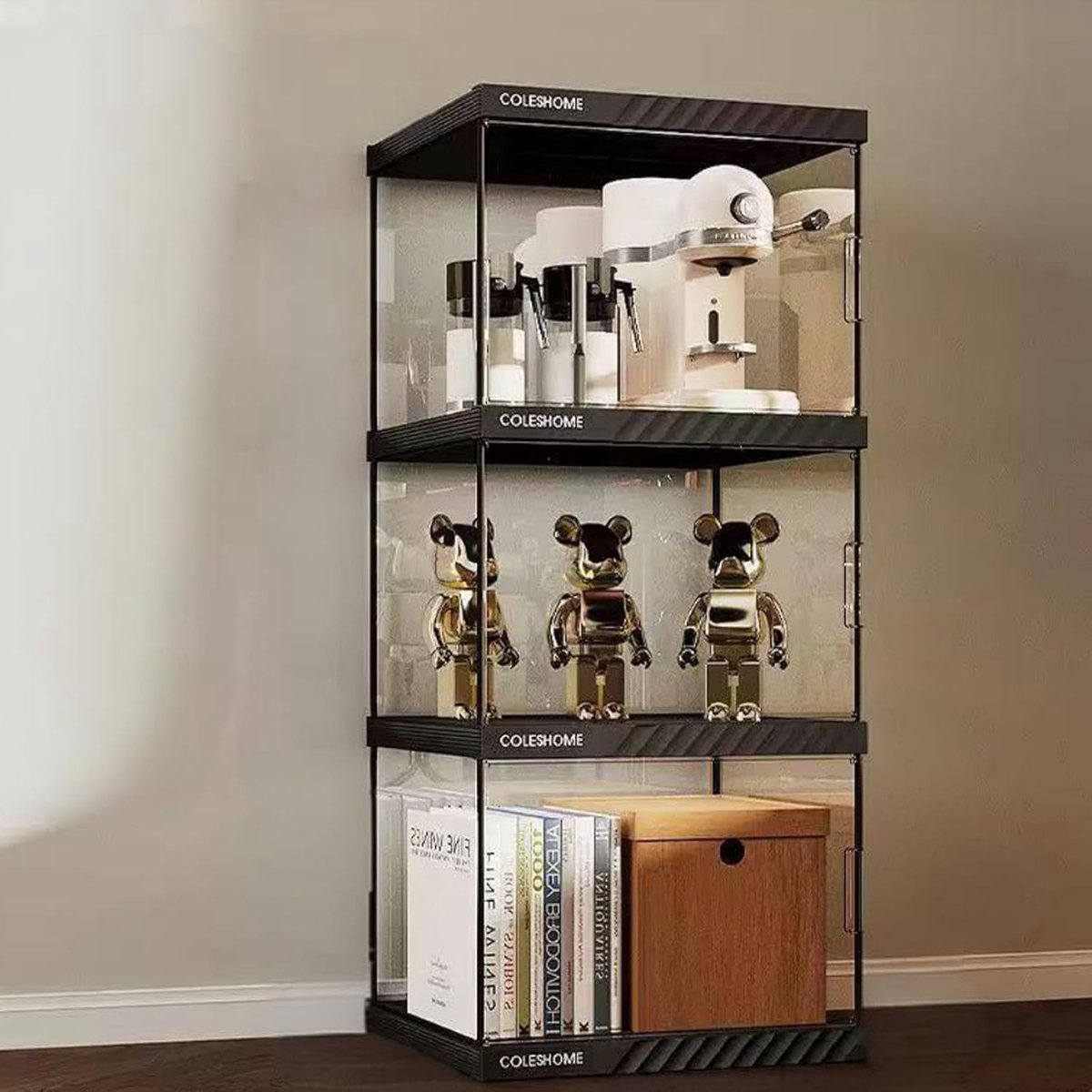 Luxe 360° Draaibare Boekenkast met Stofdichte Vakken en Acryl Panelen – Moderne Torenkast / Vitrinekast / Opbergkast voor Woonkamer, Kinderkamer en Kantoor – 40 x 33 x 94 cm – Zwart