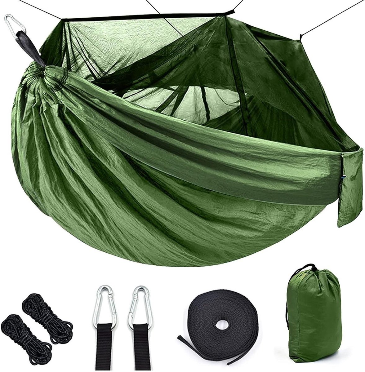 Hangmat met Klamboe - Kampeerhangmat Schommel - Buiten Ontspannen - Geïntegreerde Opbergtas - 260 x 140 cm - Groen