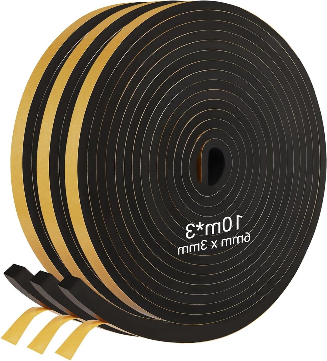 Schuimrubber tape - Afdichtingsstrips - Tocht weren - Hittebestendig - 3 rollen 10m - Zwart