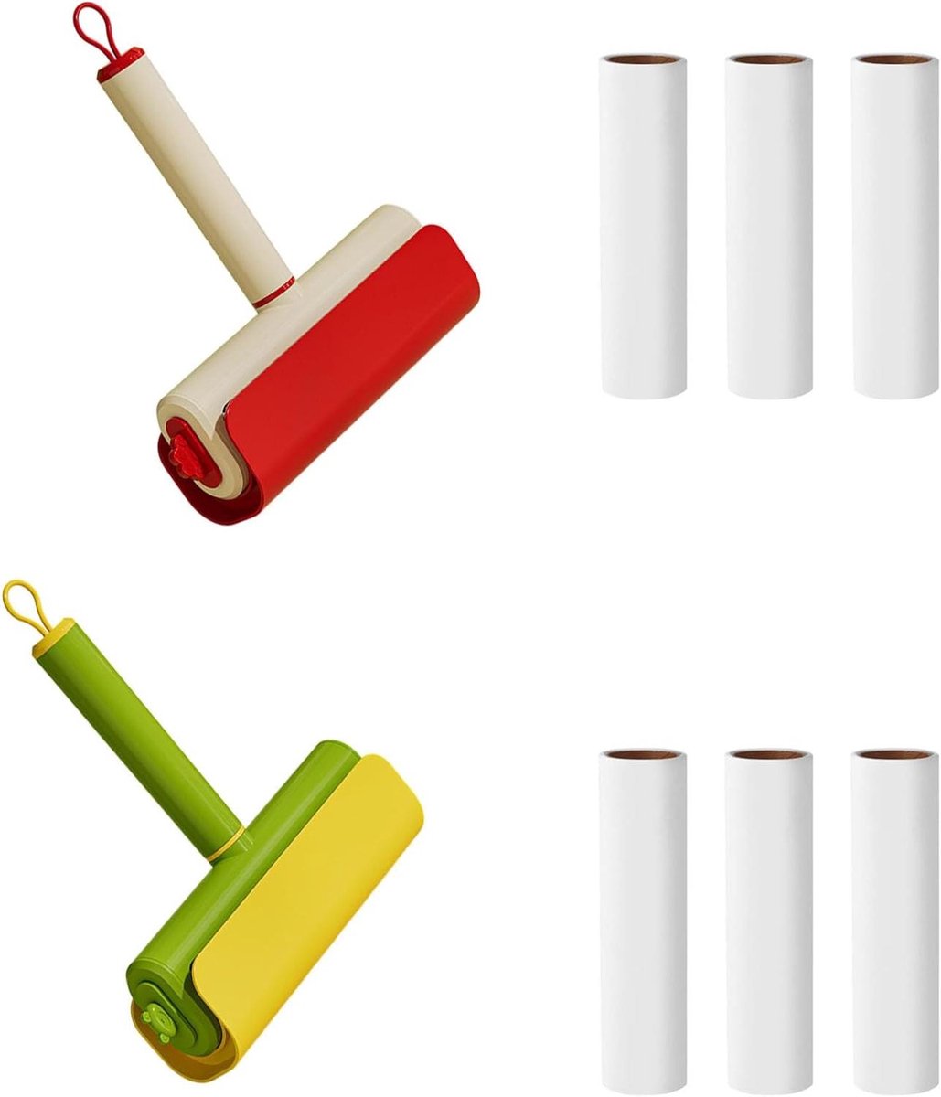 Pluizenroller Set - Verwisselbare Rollen - Huis Reinigen - Gekleurde Handvatten - 2 Handvatten 6 Rollen - Meerkleurig