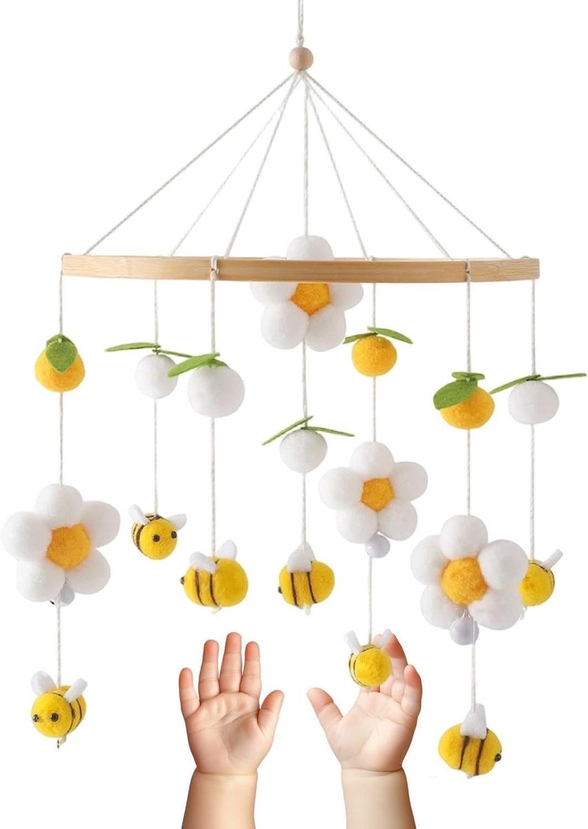 Ledikantmobiel Houten Decoratie - Wiegmobiel Pompons - Babykamer Aankleden - Natuurlijk Houten Ontwerp - 25 x 233 cm - Geel