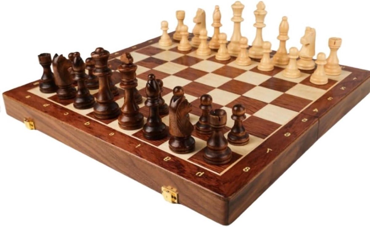 Schaakspel Hout - Schaakbord Set - Strategisch Spel - Handgemaakt Vakmanschap - 39 x 39 cm - Beige Bruin