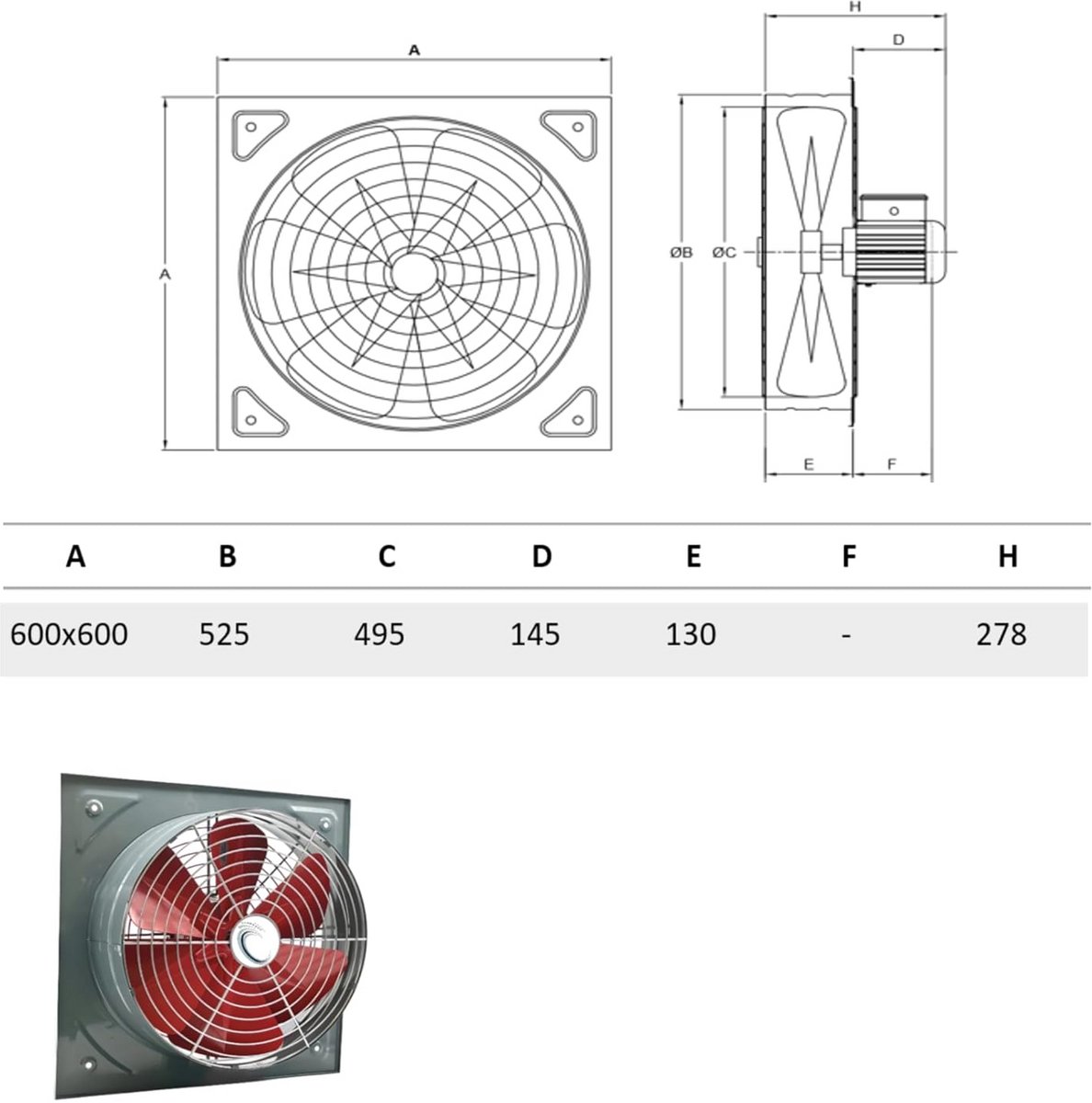 Industriële Axiaal Ventilator 500 mm voor Muur- of Raammontage