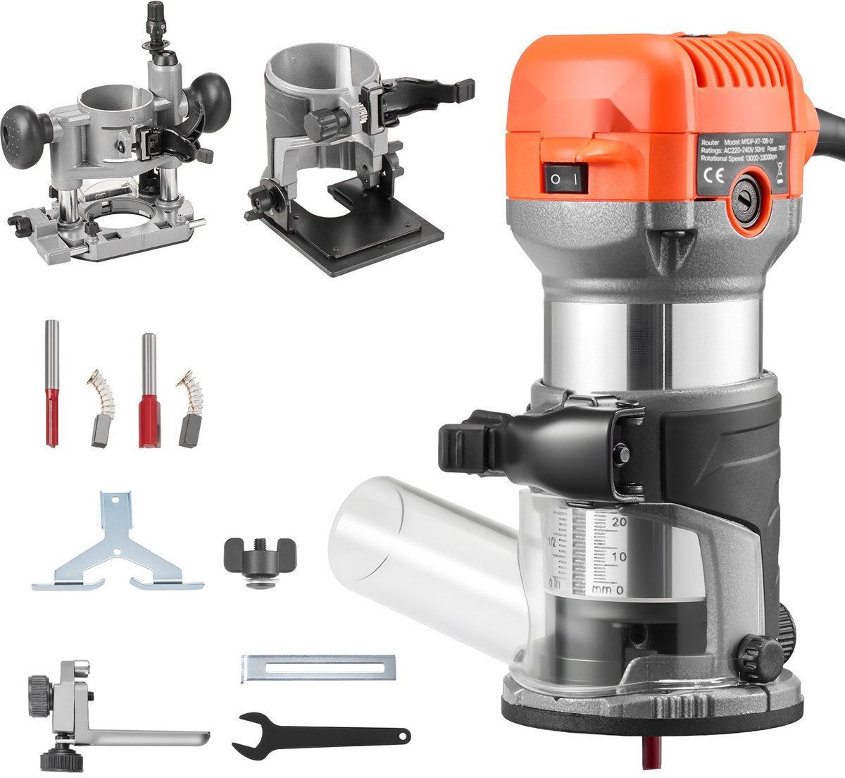 Bovenfrees - 710W Handfrees voor Houtbewerking - Variabele Snelheid - Softstart - Vaste Kantelbare En Invalvoet - Parallelgeleider - Met Snoer