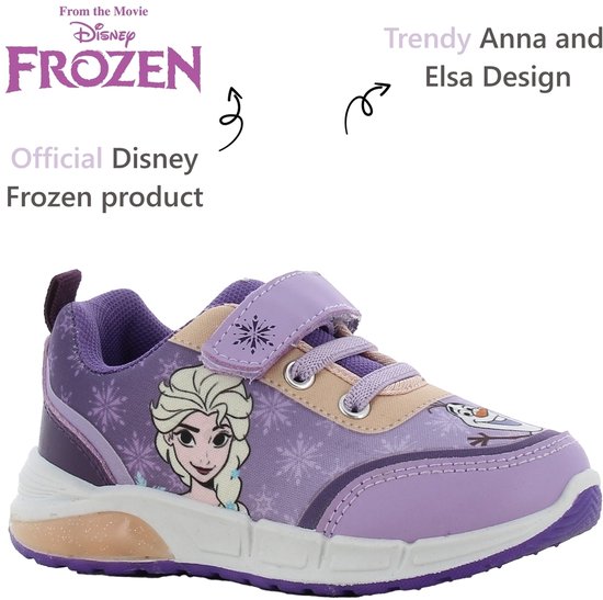 Lichtpaarse sneaker met klittenbandsluiting en opdruk van Elsa en Olaf. Officiële Disney Frozen product.
