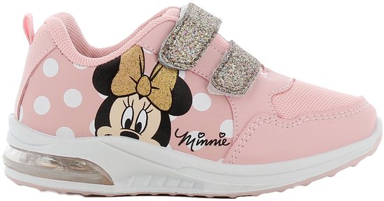Roze sneaker met Minnie Mouse opdruk, witte stippen, glitter klittenbandsluitingen en luchtdemping.