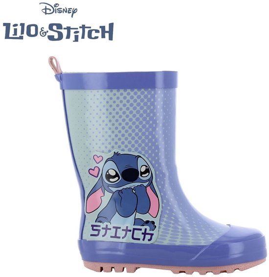 Paarse regenlaars met Stitch opdruk, hartjes en stippenpatroon.