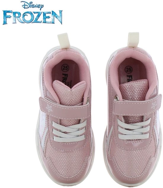 Vooraanzicht van roze Frozen sneakers met witte veters, klittenband en Disney Frozen logo.