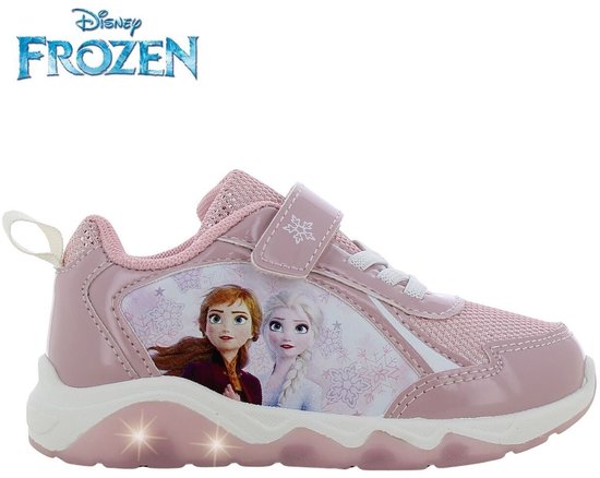 Roze Frozen sneaker met Elsa en Anna, witte zool, klittenbandsluiting en lichtjes.
