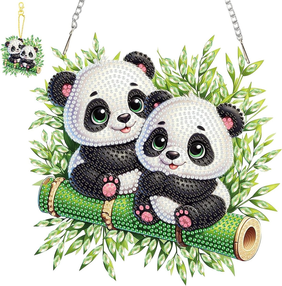 Hangende diamantkunst en sleutelhangers borden met panda ontwerp, dubbelzijdige decoratie voor raam en deur, unieke woonaccessoires en kunstornamenten