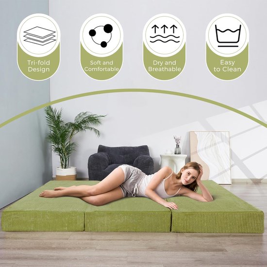 Opvouwbare Matras - Vloermat Futon - Gast slapen - Hoge dichtheid schuim - 135x190cm - Olijfgroen — afbeelding 2