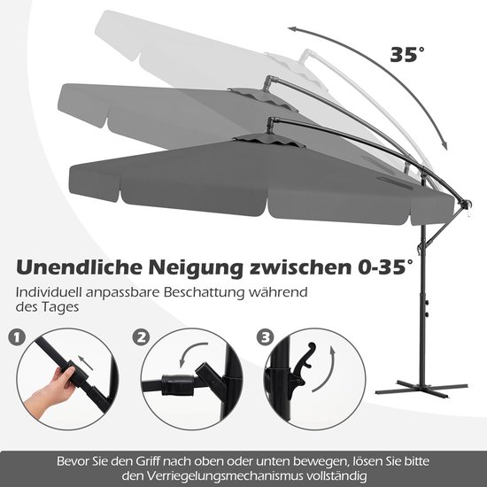 Illustratie die de hellingshoek van een grijze parasol van 0 tot 35 graden laat zien, met bedieningsinstructies.