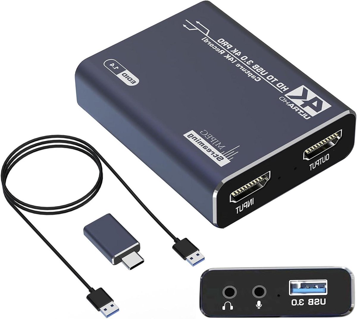 Video Capture Card - HDTV naar USB - Live Streaming - 4K 60fps Video - 2.7 Inch - Zwart
