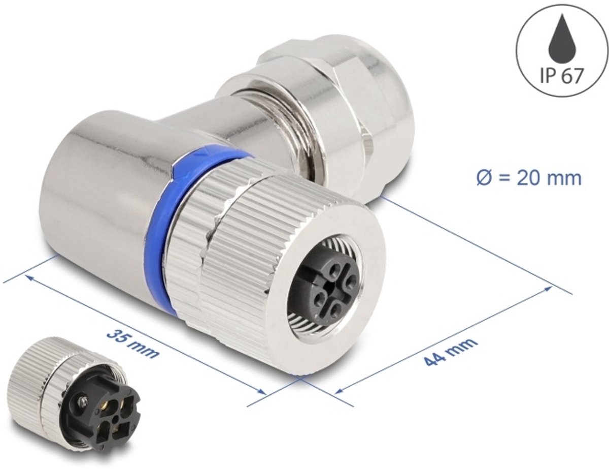 Delock M12 Connector A-coded 4 pin female for mounting with screw connection 90° angled metal