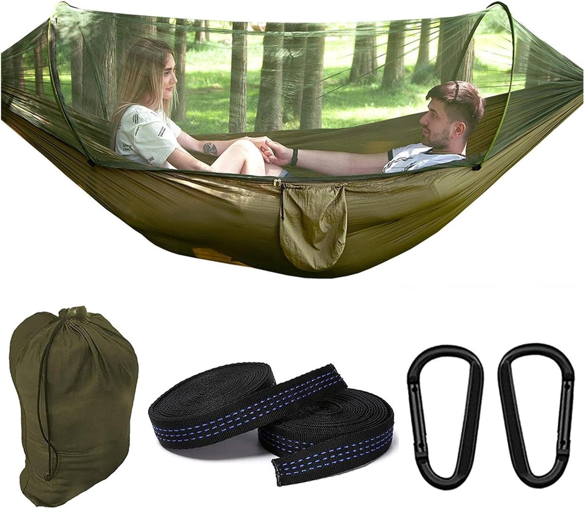 Reishangmat Klamboe - Buitenhangmat Kamperen - Ontspannen Buiten - Scheurvast Nylon - 290x140 cm - Legergroen