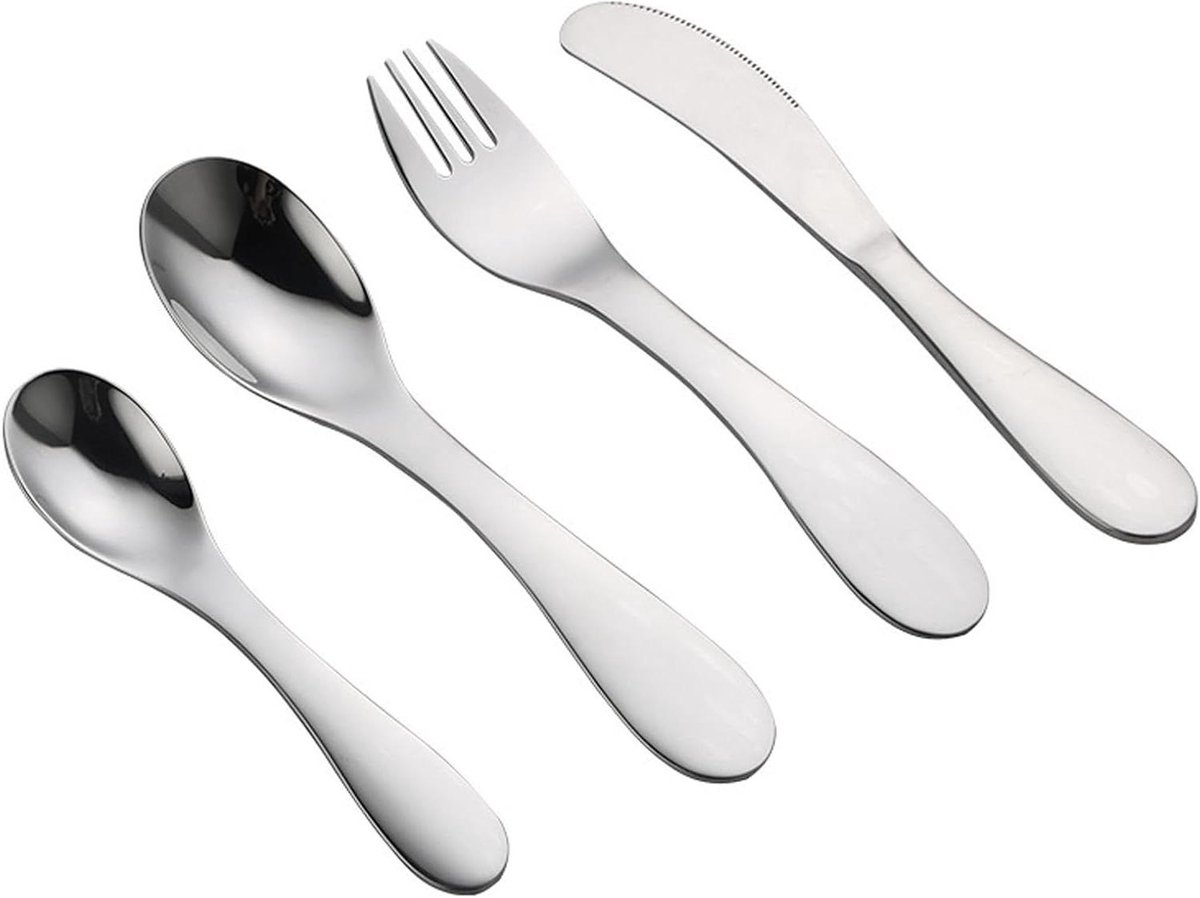 Kinderbestek Set - Kinderservies Roestvrijstaal - Zelfstandig Eten Leren - Ergonomisch Ontworpen - 4 Delig - Zilverkleurig