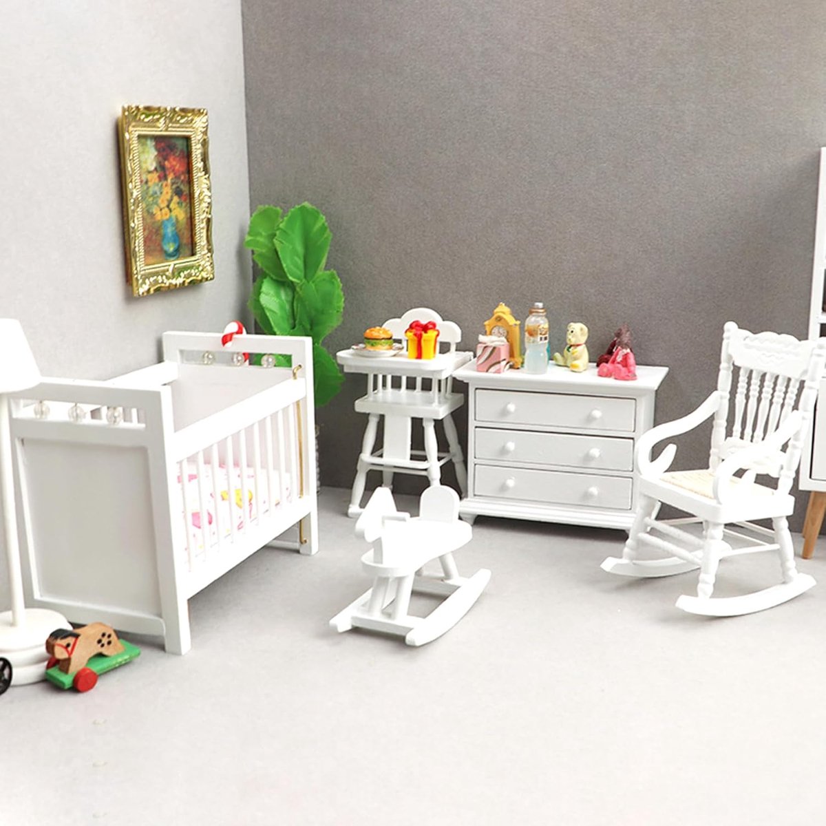 Poppenhuis Meubelset - Miniatuur Meubels - Babykamer Inrichten - Hoogwaardige Houten Constructie - 1:12 Schaal - Wit – foto 3