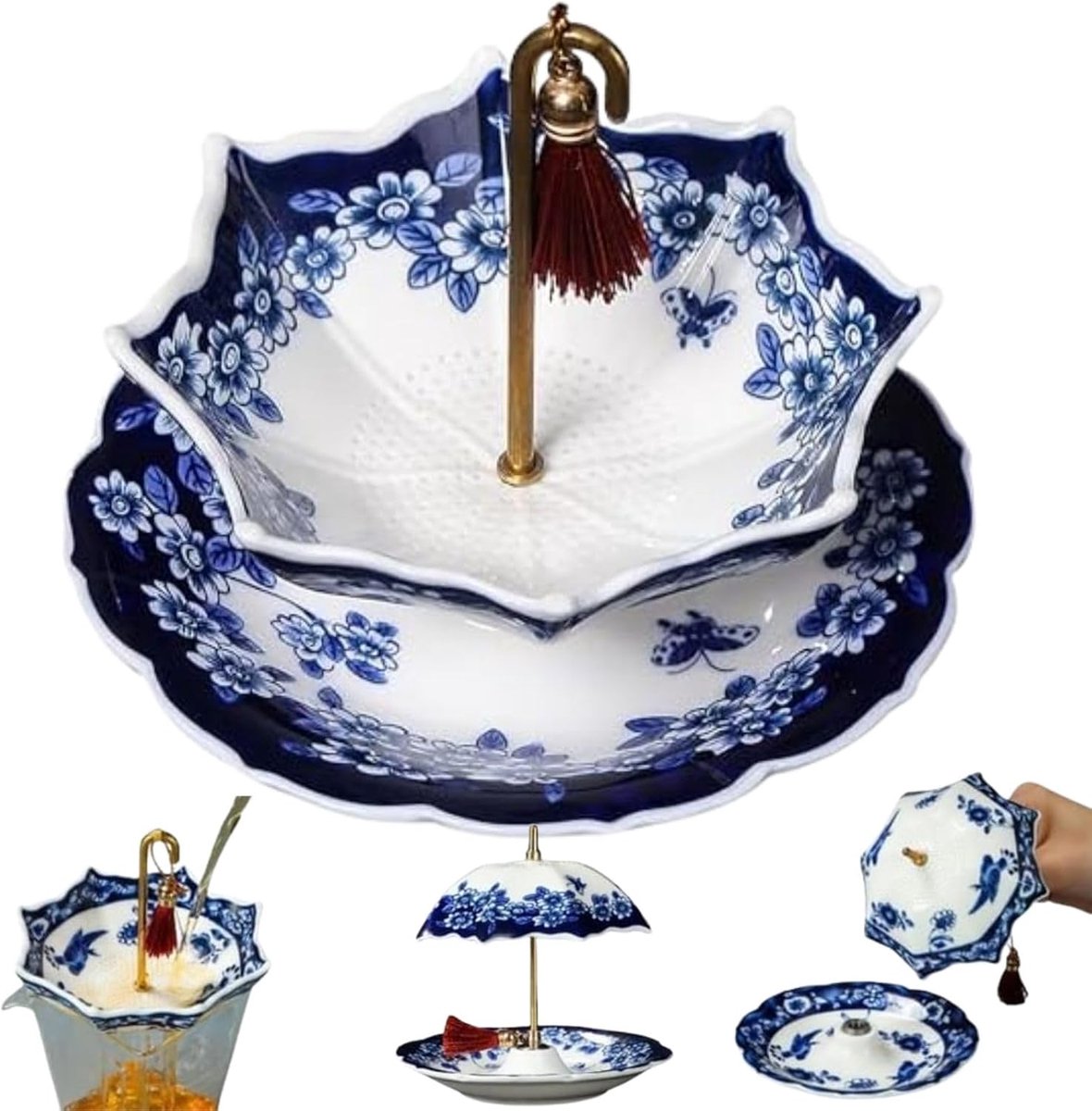 Theezeefje van porselein - Paraplu Ontwerp - Thee Filter Voor Losse Thee - Theefilter - Thee ei voor losse thee - decoratieve maker - Voor kopjes en theepotten, kruiden voor glühwein - Met Schotel - Blauw