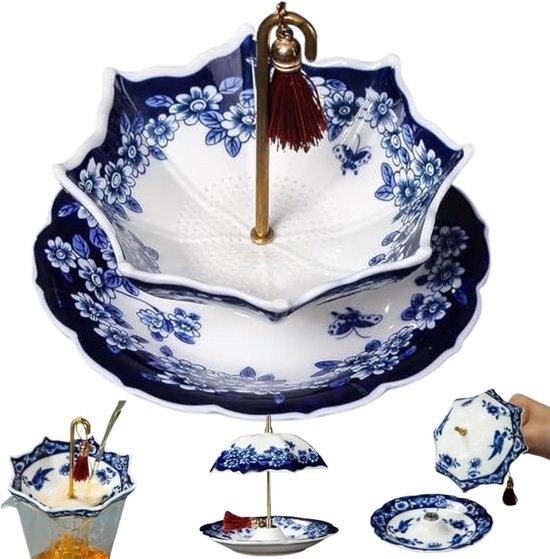 Twee-laags blauw-wit porseleinen theezeefje met bloemen- en vlinderdecoratie en rode kwast. Verschillende weergaven.