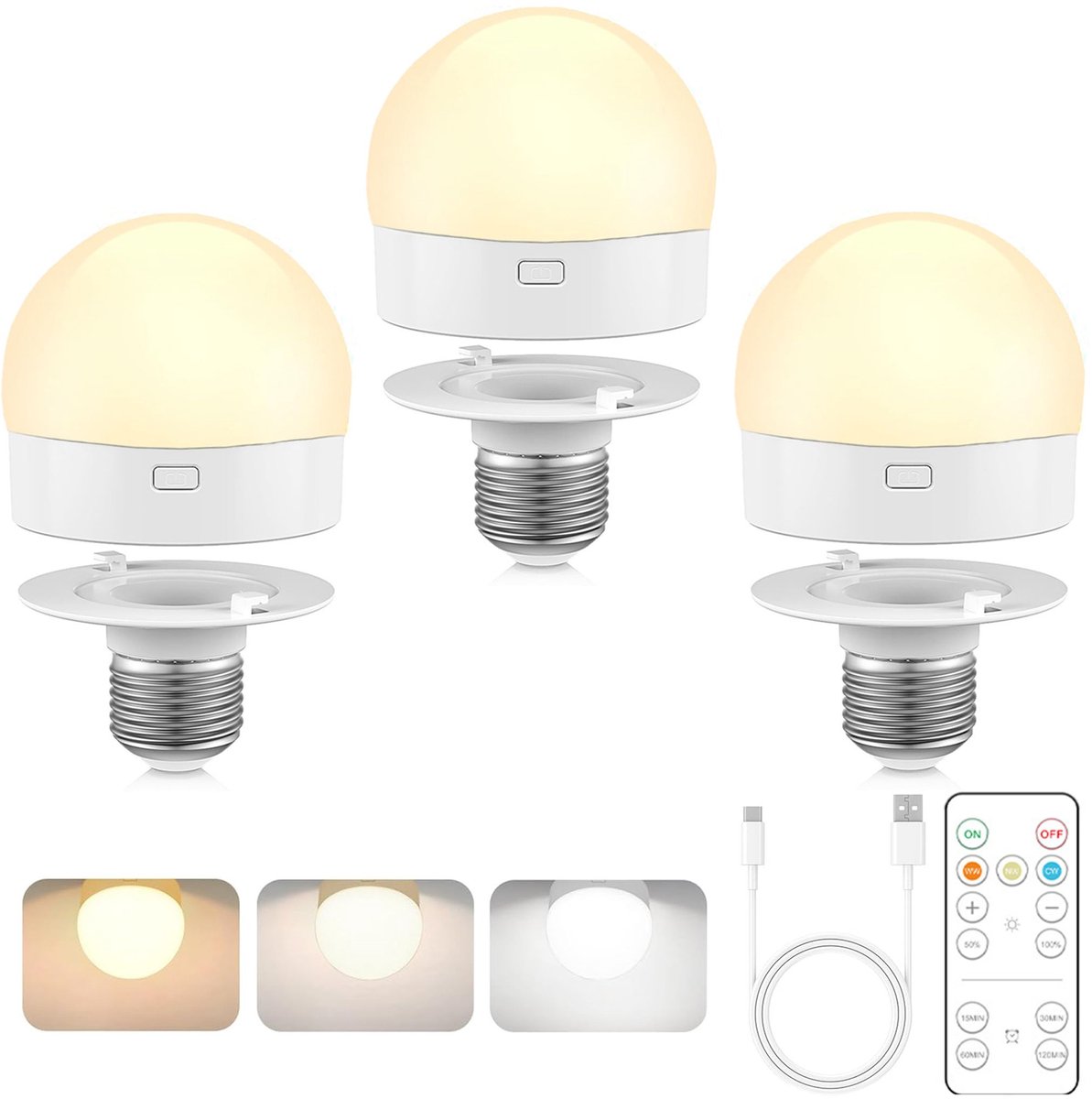carmdering - gloeilamp - opladen lamp - noodverlichting - E27, 450 lumen, 3 kleurtemperaturen, IP44 - Met afstandsbediening en afneembare lader - Tot 12 uur batterij - Perfect voor thuis, tuin en terras - Warmwit, neutraalwit of daglichtwit