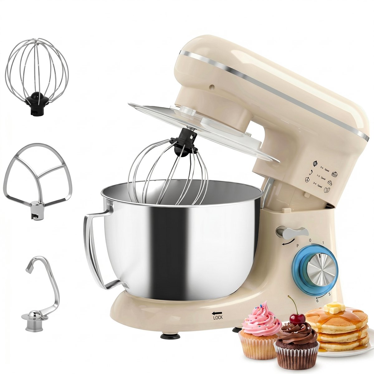 Keukenmachine 1300W - Keukenrobot - 4.5L - Foodprocessor met 6 - standen - Mixer met Mengkom - BPA-vrij - Keukenmixer - 3 Accessoires - Beige