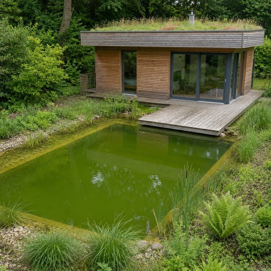 Houten huisje met groendak naast een rechthoekige vijver, omringd door groen.