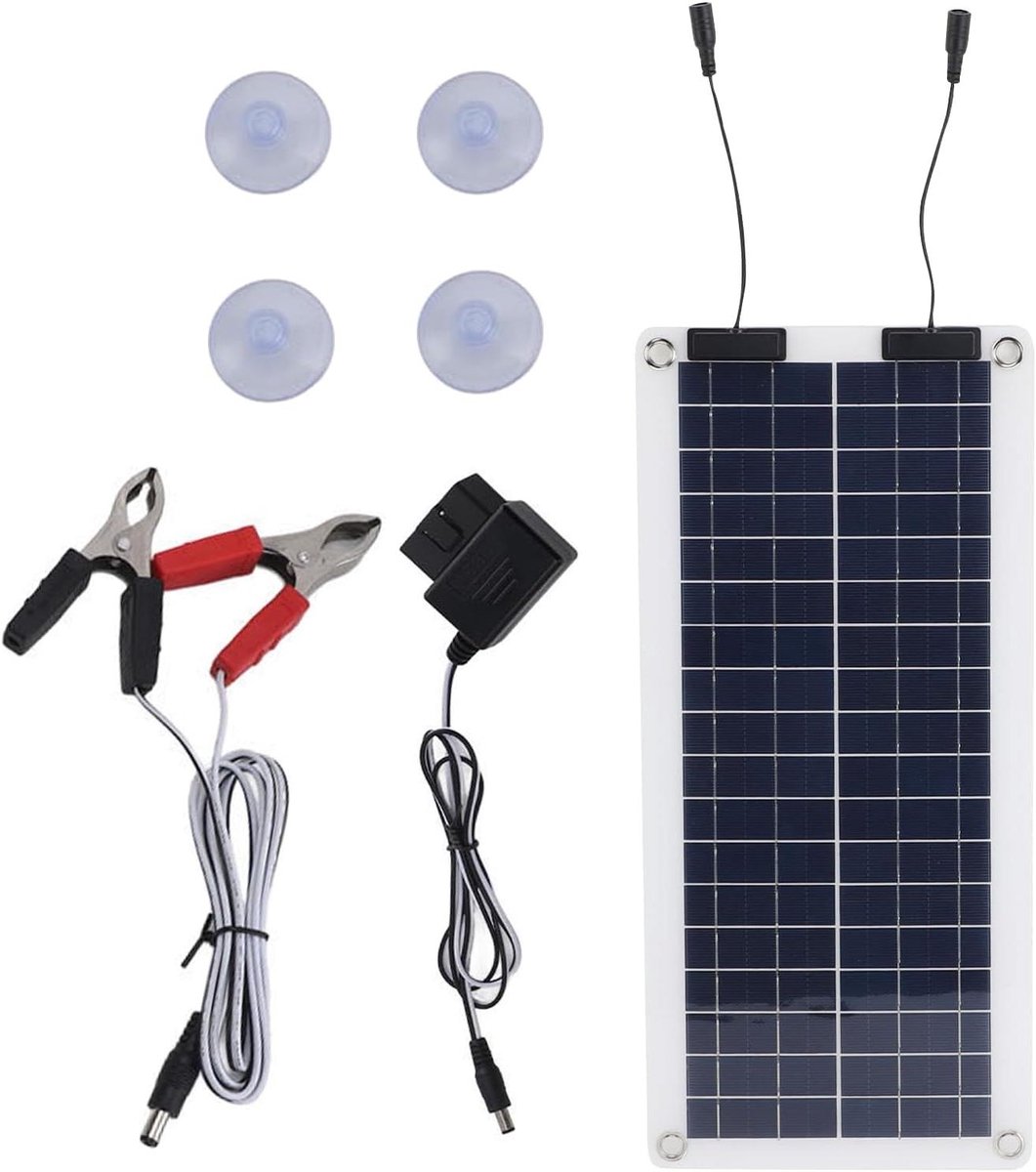 Acculader Zonnepaneel - Druppellader Auto - Accu Onderhoud - Dubbele Uitgang - 100 Watt - Zwart