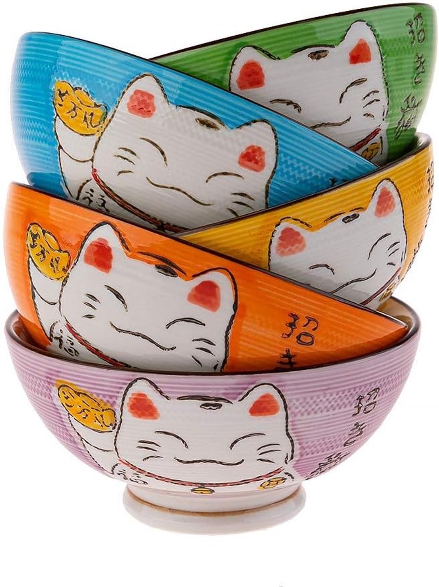 Set van 5 Maneki Neko Rijstkommen - Japanse Gelukskat Ontwerp - 11,5 cm