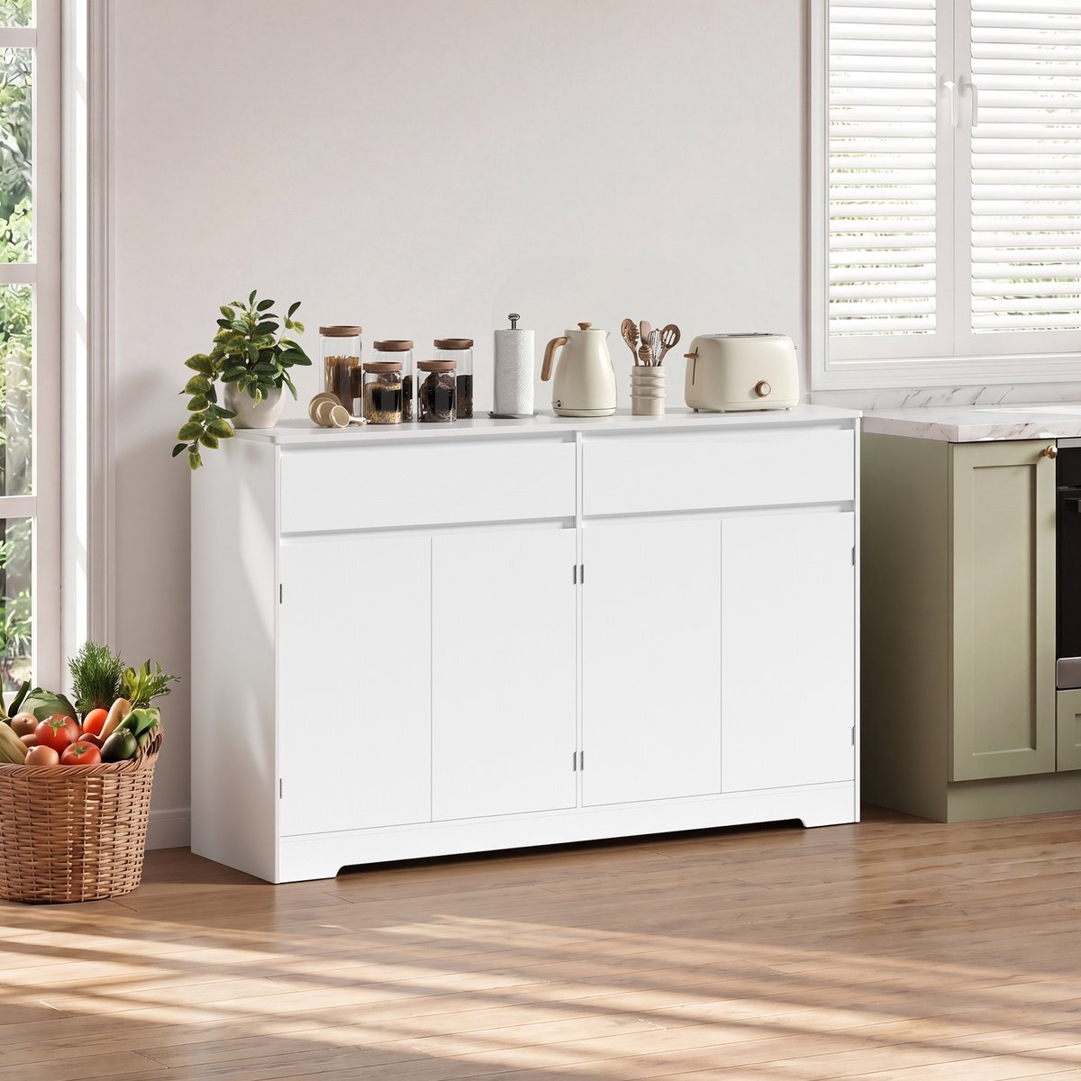 Xbro Keukenkast met Verstelbare Planken, Buffetkast met Werkblad, Opbergkast met 2 Laden en 2 Deuren, voor Keuken, Eetkamer en Woonkamer,Wit
