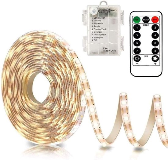 OLOEY 3m LED-strip op batterijen met afstandsbediening–Waterdicht-8 standen-dimbaar-timer-zelfklevend en inkortbaar-Voor slaapkamer-spiegel-keukenkastje en terrasdecoratie(Warmwit)