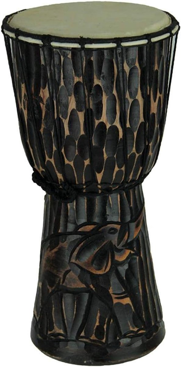 Handgesneden Djembe - Trommel - Muziek Maken - Olifant Design - 39 cm Hoog - Bruin