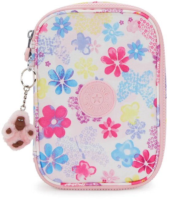Wit etui met een print van kleurrijke bloemen en vlinders. Roze rits en een roze aapjes sleutelhanger.
